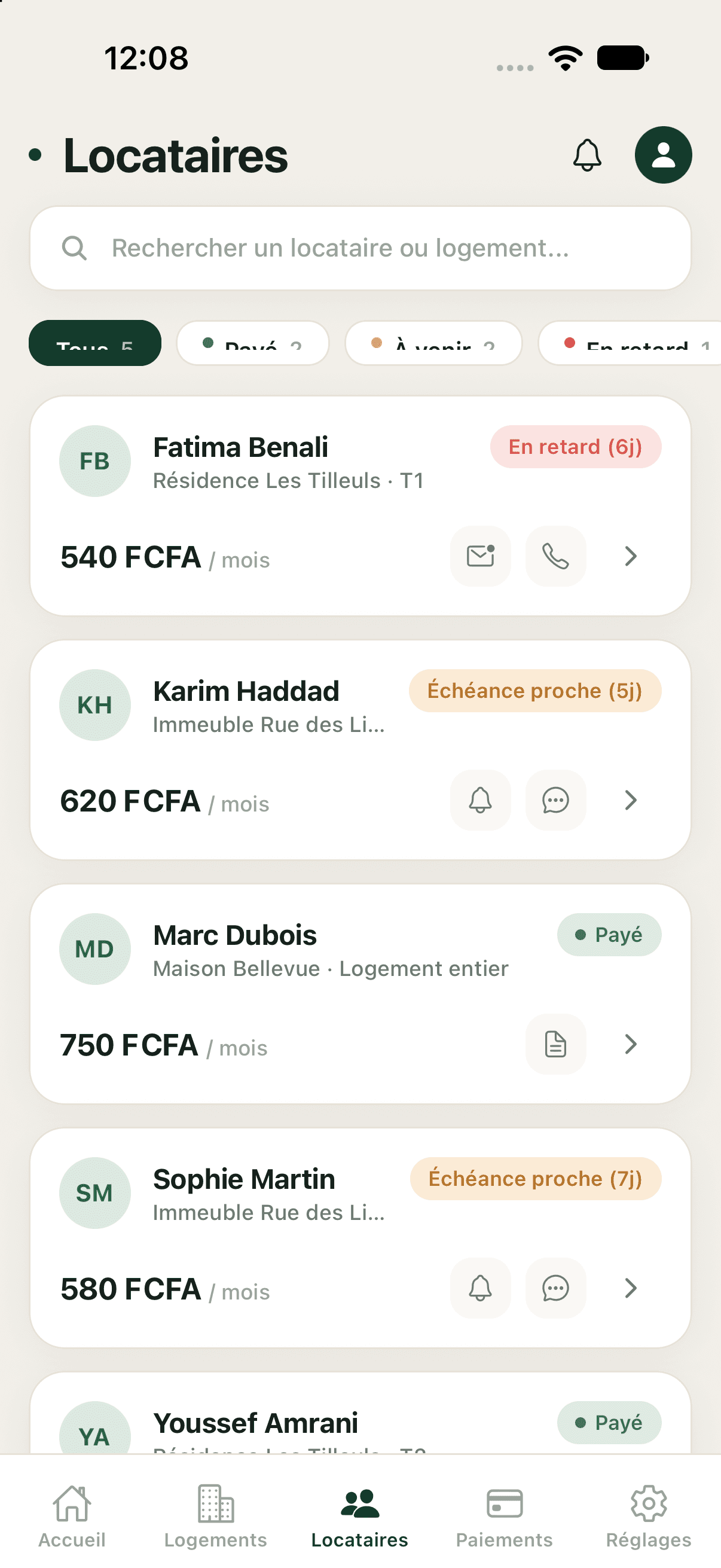 Écran Locataires : liste filtrable par statut de paiement, avec actions de relance